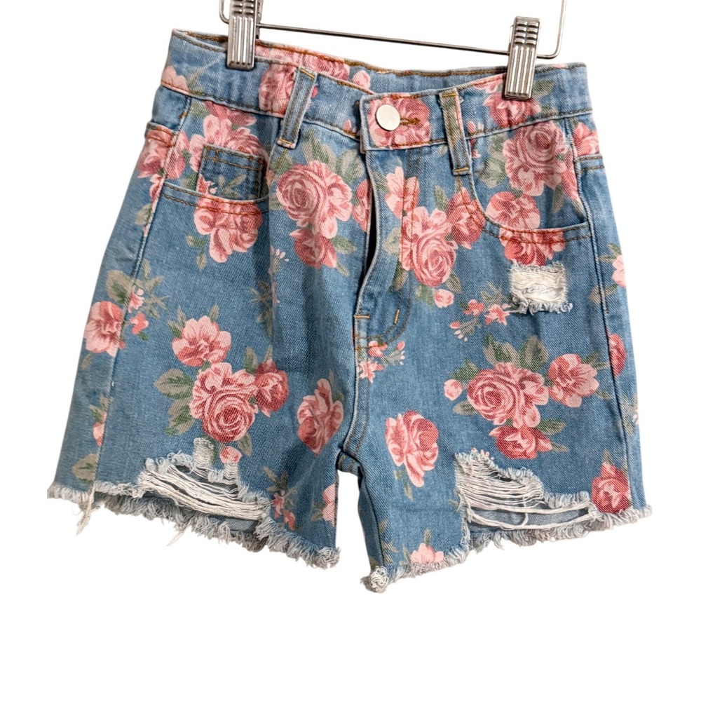 Unbranded Floral‎ Denim Shorts Kids 3XL Blue Pink Distressed Frayed Raw Hem Rose